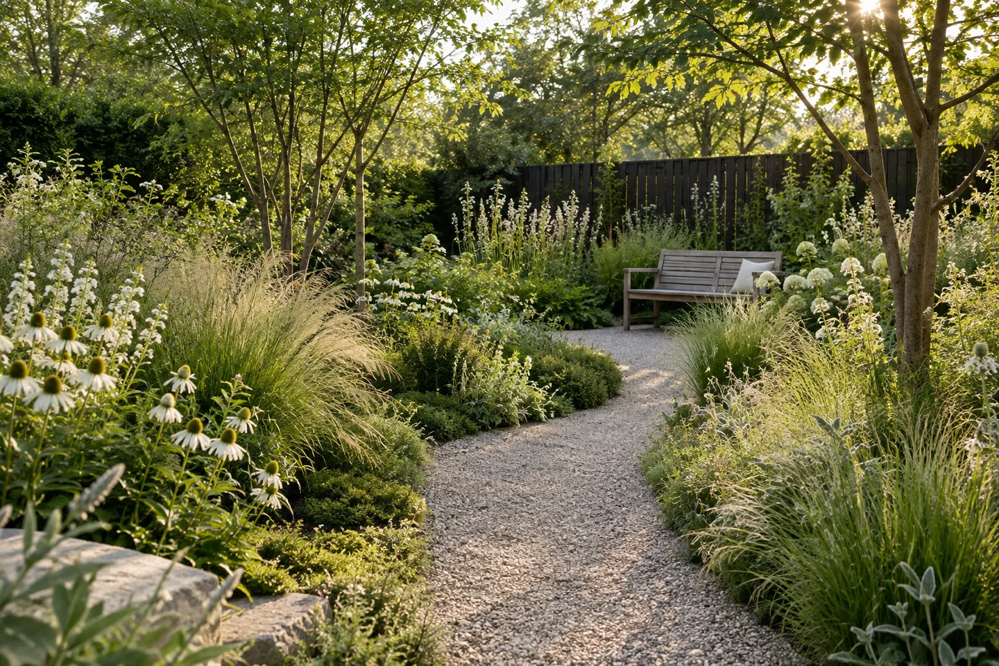 Illustratieve groene tuin met een slingerend grindpad en houten bank
